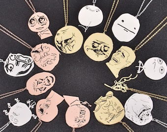 Funny Meme Necklace for Men and Women in Gold, Silver and Rose Gold | Meme Pendant Necklace | Cartoon Troll Locket | Funny Face Necklace