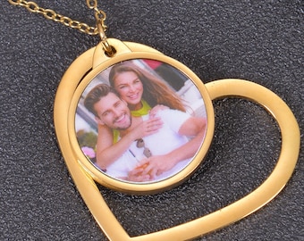 Pendantify Custom Photo Heart Necklace Personalized Picture Pendant Engraved Text Gift for Girlfriend Couple Gold