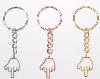 Funny Middle Finger Keychain for Men and Women in Gold, Silver and Rose Gold | Tiny Hand Gesture Pendant Key Ring | Cartoon Doodle Keychain