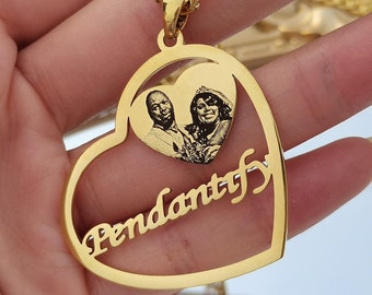 Personalized Photo Engraved Halo Heart Necklace in Gold, Silver & Rose Gold | Custom Halo Heart Shaped Locket Pendant | Photo Heart Necklace