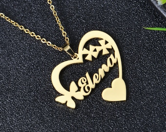Personalized Heart Name Necklace: Bow Stars Pendant, Gold Silver