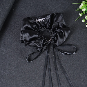 Custom Satin Scrunchie with Long Ribbons | Personalized Name Embroidery Hair Tie | Name Embroidery Scrunchies in Black and White