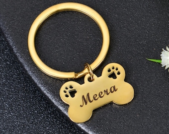 Llavero de hueso personalizado con nombre de mascota: llavero de acero inoxidable con huella de pata