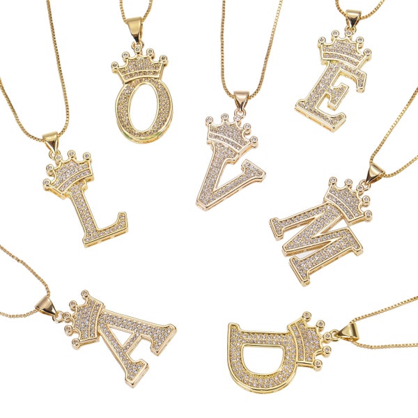 Diamond Studded Crown Initial Necklace  | Custom Alphabet Necklace | Personalized Crown Initial Necklace | Handmade Diamond Initial Necklace