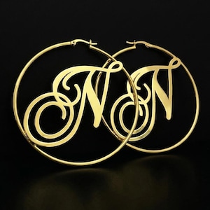 Pendantify Personalized Initial Hoop Earrings Custom Script Letter Big Gold Hoop Statement Monogram Gift for Her Everyday Jewelry Keepsake