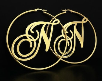 Pendantify Personalized Initial Hoop Earrings Custom Script Letter Big Gold Hoop Statement Monogram Gift for Her Everyday Jewelry Keepsake