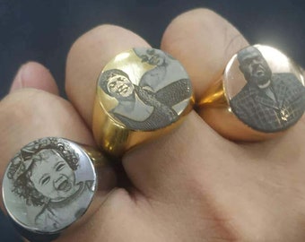 Pendantify 18K Gold & Silver Photo Engraved Ring Personalized Picture Ring Custom Keepsake Jewelry Gift for Men and Women