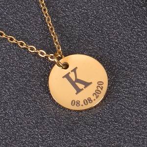Personalized Initial Date Necklace: Engraved Round Pendant, Custom Locket