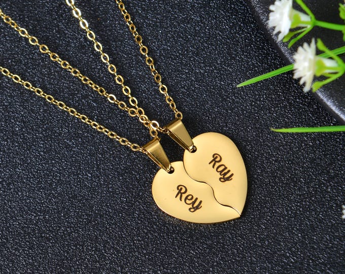 Pendantify Personalized Heart Necklace Set Custom Engraved Split Heart BFF Couple Memorial Keepsake Gift for Loved One Jewelry