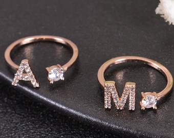 Pendantify Custom Initial Ring Adjustable Open Letter CZ Alphabet Ring Personalized Stackable Gift for Her