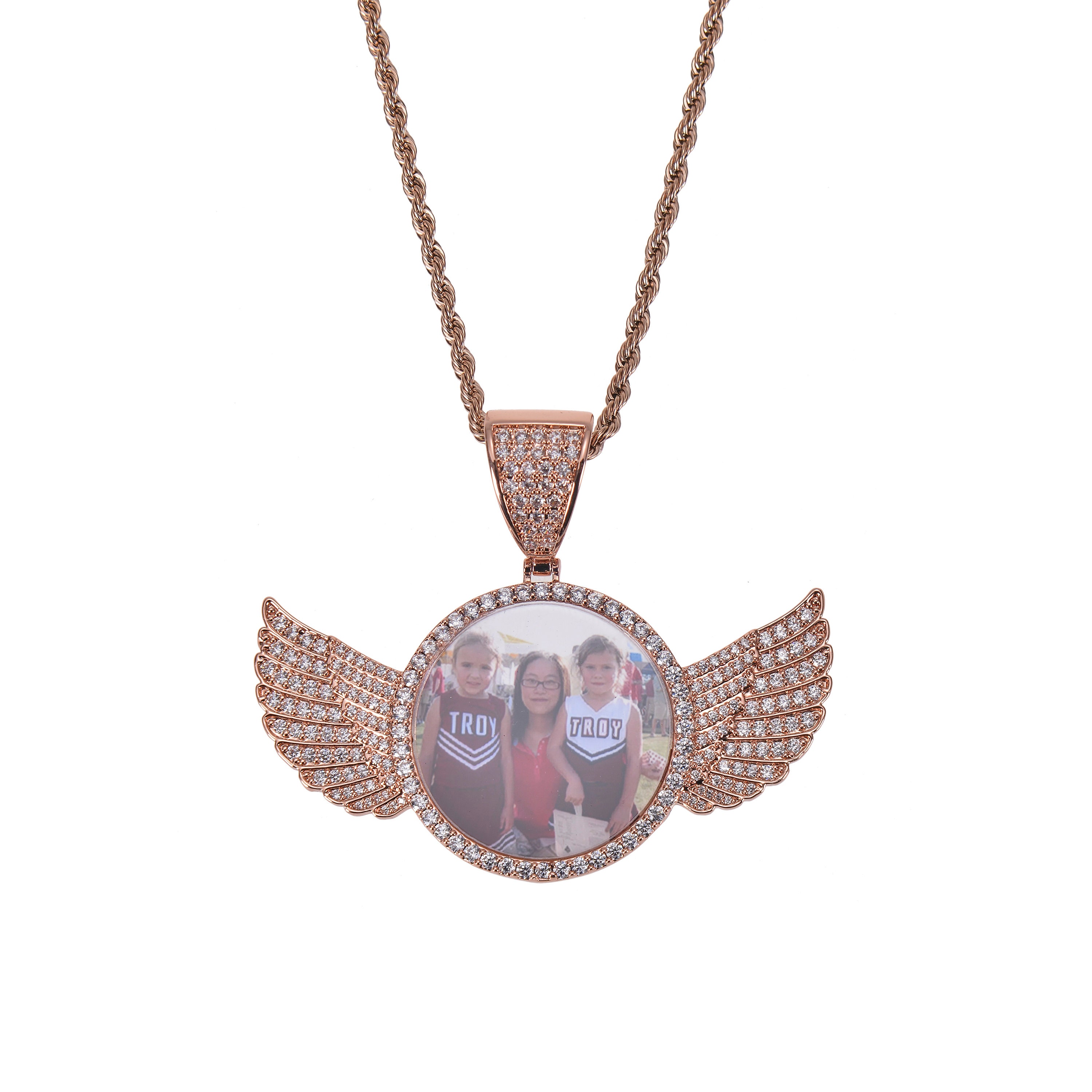 Personalized Diamond Studded Angel Wings Photo Necklace, Photo Necklace, Hip Hop Photo Pendant, Iced Custom Round Photo Pendant