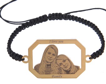Unisex Photo Engraved Bracelets Octagon With Black Braided Fabric Link| Picture Bracelet for Men & Women | Personalized Photo Bracelet