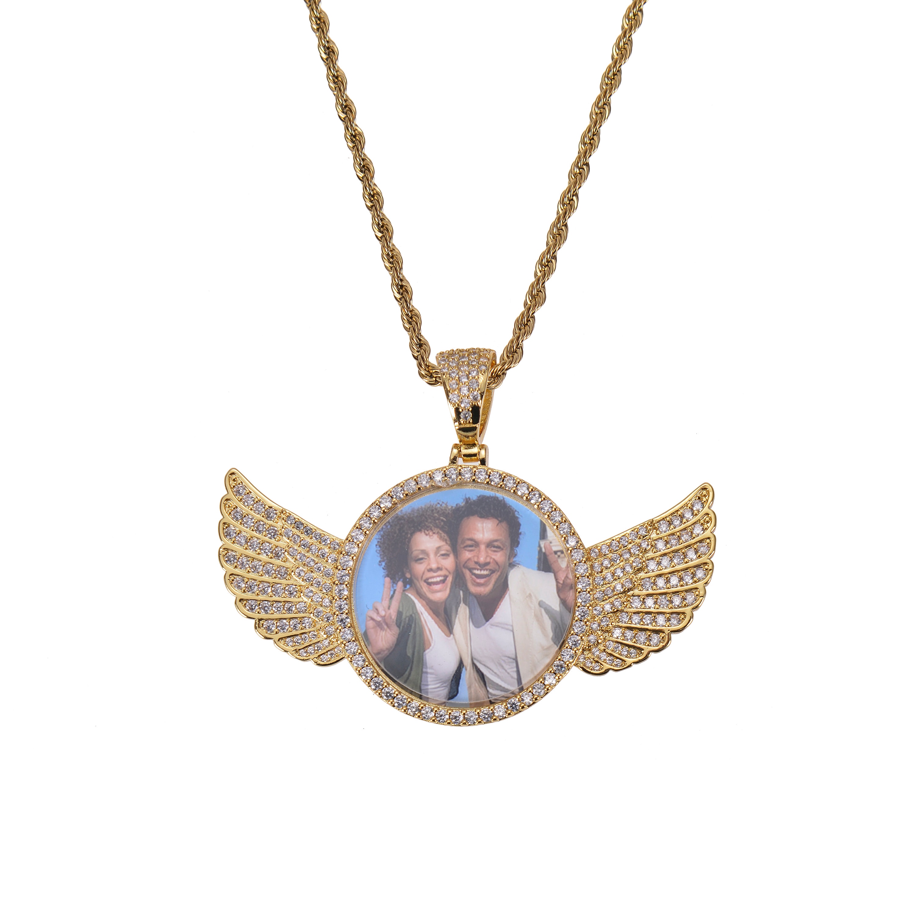 Personalized Diamond Studded Angel Wings Photo Necklace, Photo Necklace, Hip Hop Photo Pendant, Iced Custom Round Photo Pendant