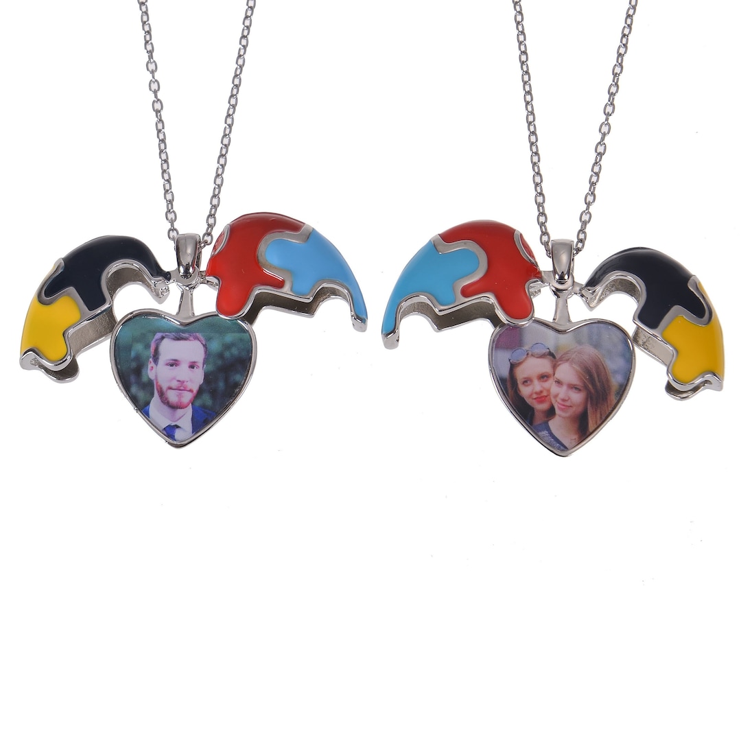 Custom Colorful Puzzle Heart Photo Necklace Personalized Puzzle Heart