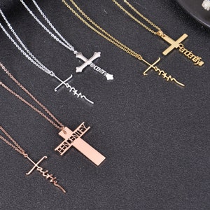 Personalized Name Cross Christian Necklace Chain Pendant in Gold, Silver & Rose Gold | Custom Cross Name Pendant | Personalized Baptism Gift
