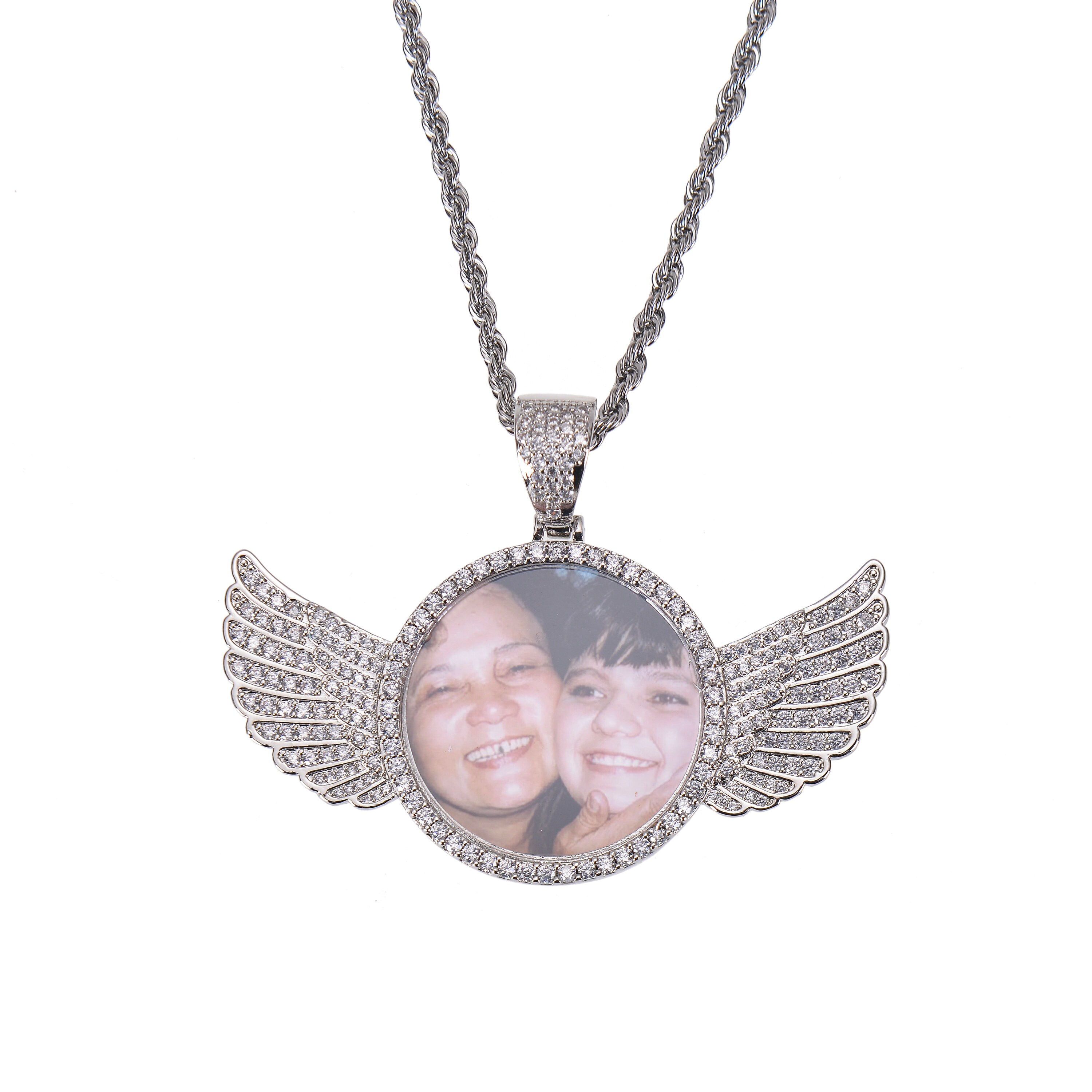 Personalized Diamond Studded Angel Wings Photo Necklace, Photo Necklace, Hip Hop Photo Pendant, Iced Custom Round Photo Pendant