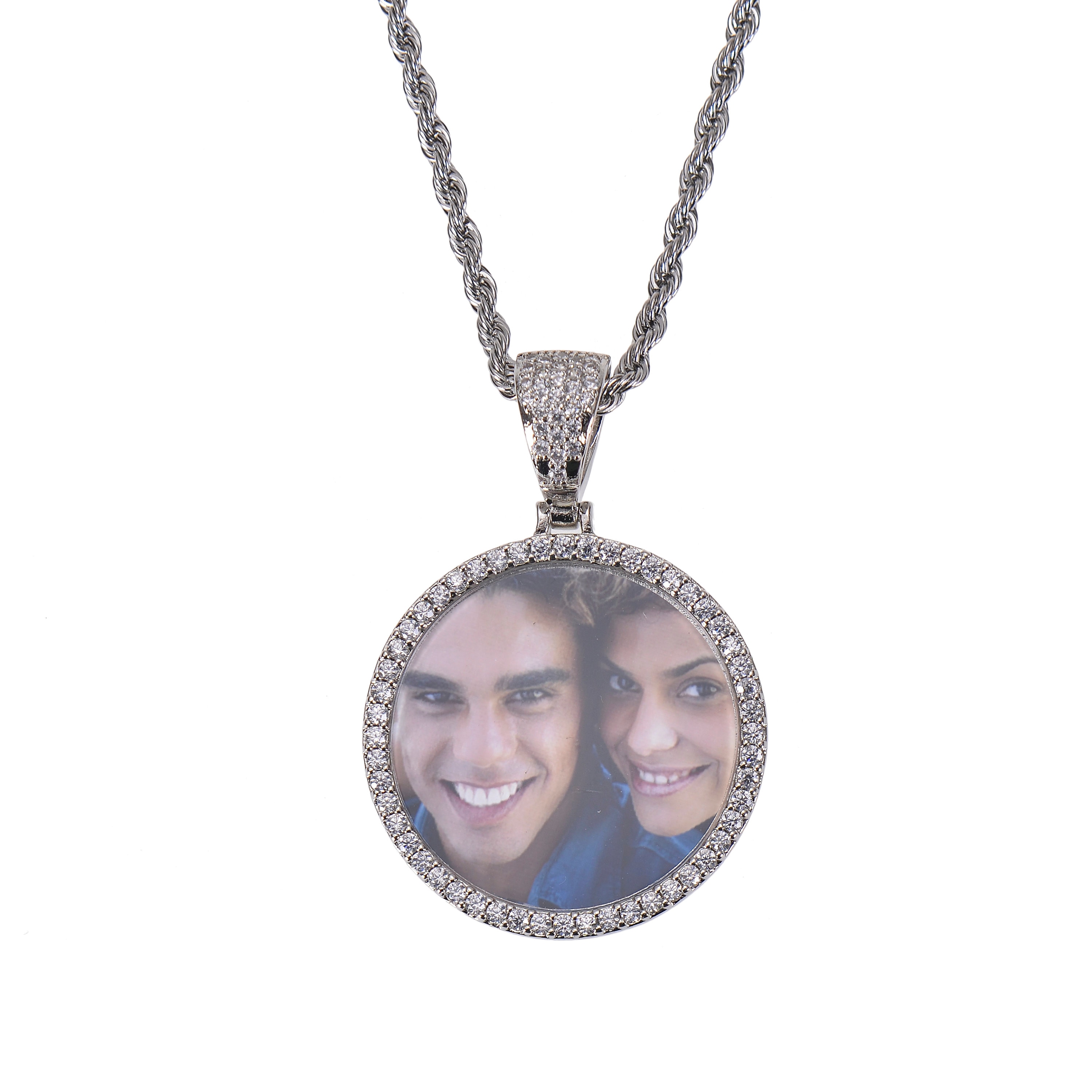 Personalized Diamond Studded Angel Wings Photo Necklace, Photo Necklace, Hip Hop Photo Pendant, Iced Custom Round Photo Pendant