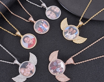 Gepersonaliseerde diamanten bezaaide engelenvleugels fotoketting | Aangepaste fotoketting | Hiphop fotohanger | Iced aangepaste ronde fotohanger