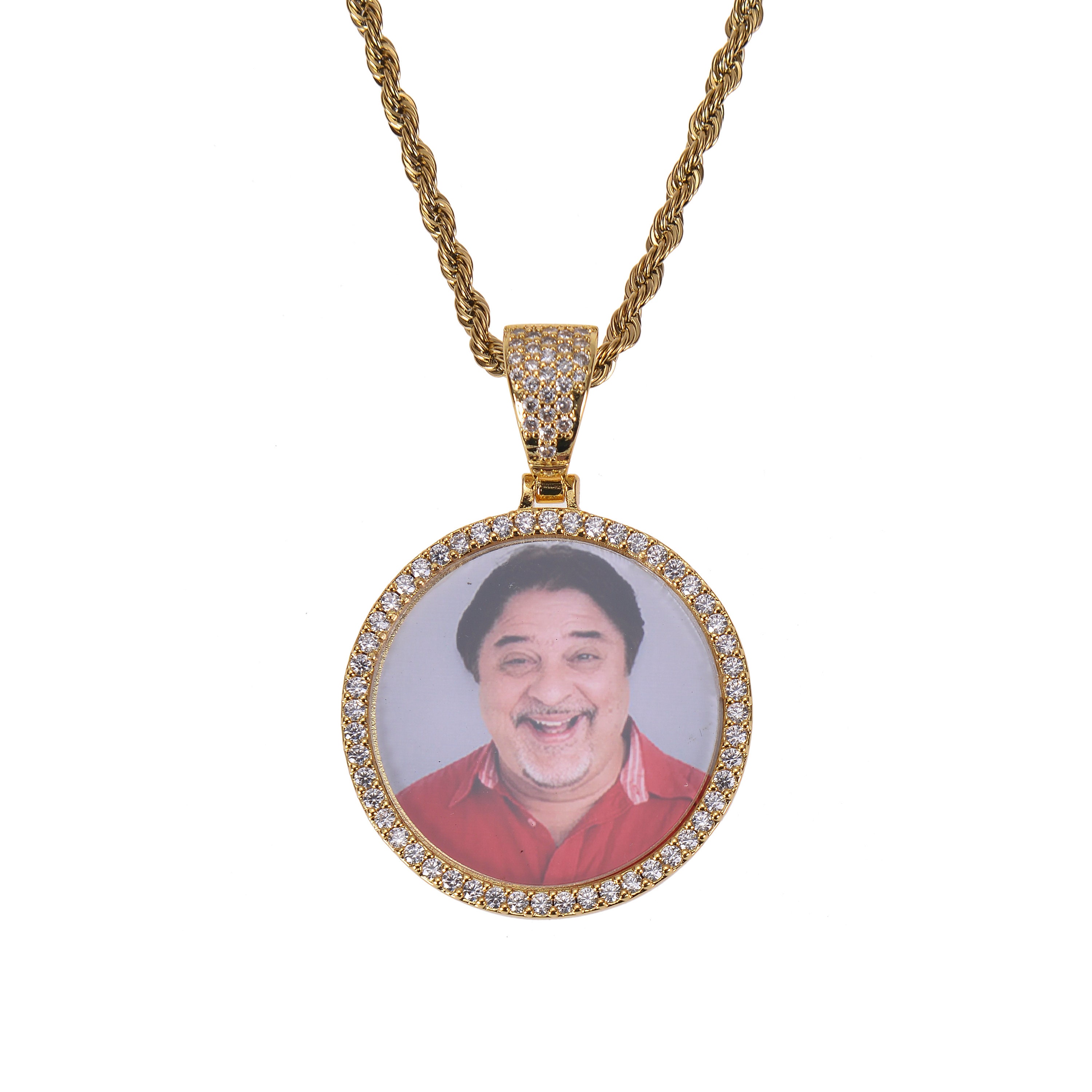Personalized Diamond Studded Angel Wings Photo Necklace, Photo Necklace, Hip Hop Photo Pendant, Iced Custom Round Photo Pendant