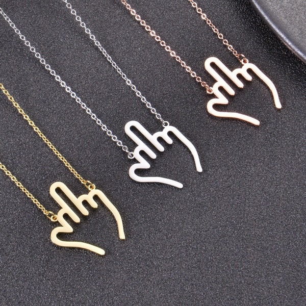 Funny Middle Finger Necklace for Men and Women in Gold, Silver and Rose Gold | Tiny Hand Gesture Pendant Necklace | Cartoon Doodle Necklace