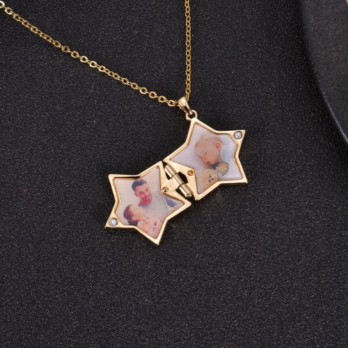 Pendantify Personalized Star Photo Locket Necklace Foldable Two Picture Custom Memorial Gift for Loved One Keepsake Jewelry