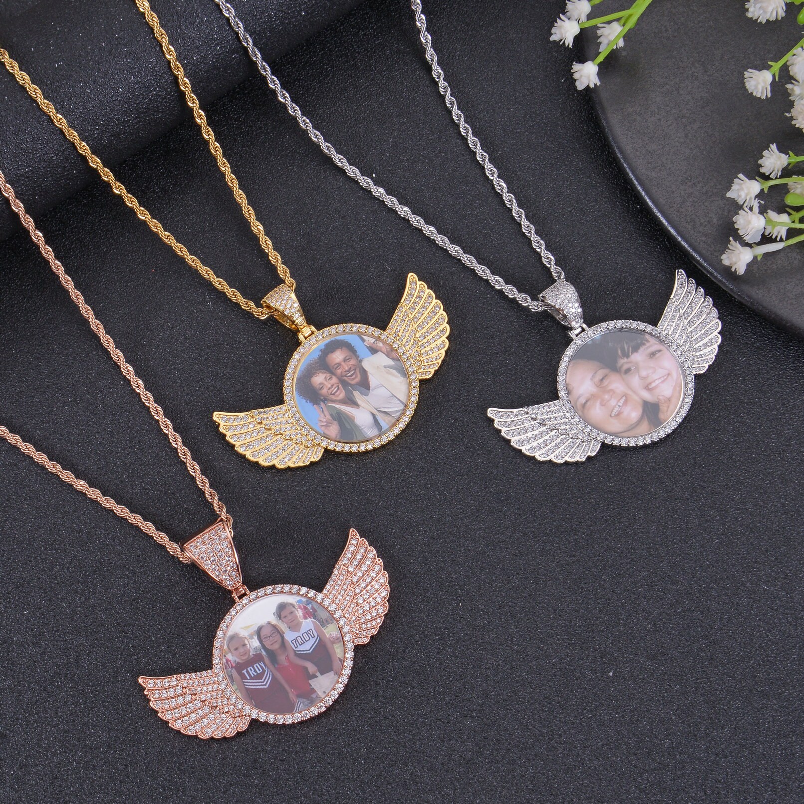 Personalized Diamond Studded Angel Wings Photo Necklace, Photo Necklace, Hip Hop Photo Pendant, Iced Custom Round Photo Pendant