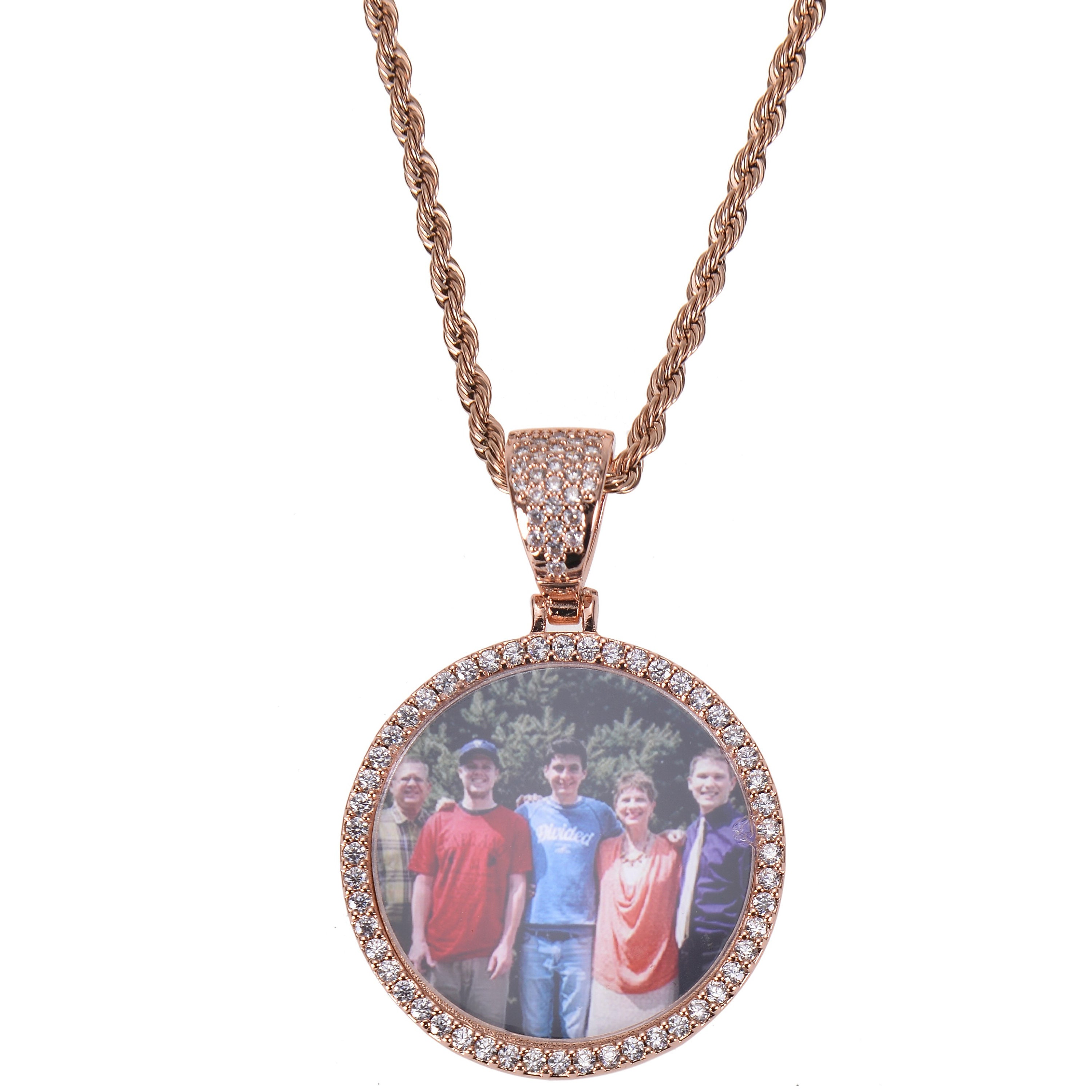 Personalized Diamond Studded Angel Wings Photo Necklace, Photo Necklace, Hip Hop Photo Pendant, Iced Custom Round Photo Pendant