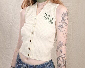 vintage 1970s ivory rib knit monogram sweater vest