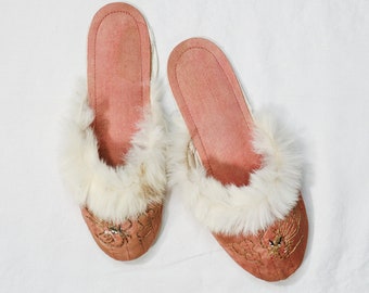 vintage 1950s pink satin boudoir slippers with rabbit fur trim