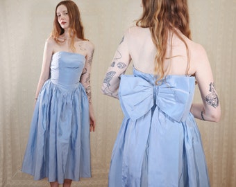 true vintage 1950s light blue taffeta tea-length gown with bow