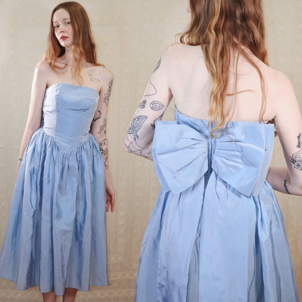 true vintage 1950s light blue taffeta tea-length gown with bow