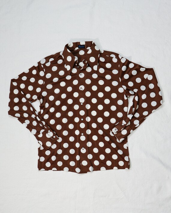 vintage 1970s brown polkadot dagger collar shirt ~