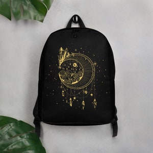 Mystical Dreamcatcher Backpack: Golden Moon & Crystal Magic on Starry Black
