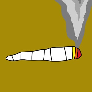 May include: A white cigarette with a red, yellow, and orange tip is lit and smoking against a brown background.