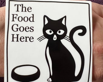 May include: Square white sign with a black border featuring a black cat illustration and the text "The Food Goes Here." The cat has large eyes, whiskers, and a curled tail. A black bowl is at the bottom.