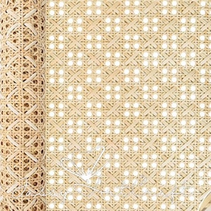 May include: A rolled-up, light brown woven cane webbing with a repeating geometric pattern. The product is 18 inches high and 3.3 feet wide, with hole diameters of 0.28 inches. The text "PRODUCT SPECIFICATION" is at the top.