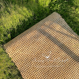 May include: A rectangular sheet of woven cane, with a repeating pattern of small, evenly spaced holes. The natural beige material is partially rolled up, resting on green grass. The texture of the cane is clearly visible.