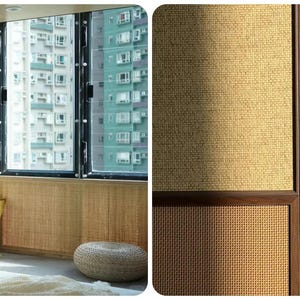 May include: A bedroom interior featuring a window with a view of a city building. The room has a bed with a yellow pillow, a woven ottoman, and woven panels on the wall. The right side shows close-ups of woven textures.