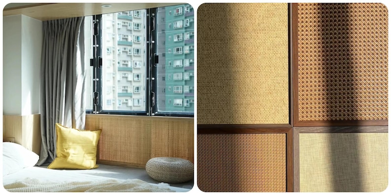 May include: A bedroom interior featuring a window with a view of a city building. The room has a bed with a yellow pillow, a woven ottoman, and woven panels on the wall. The right side shows close-ups of woven textures.