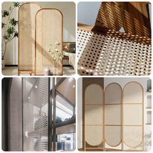 May include: A collection of woven rattan room dividers with arched tops and wooden frames. The natural beige color of the rattan contrasts with the brown wood. The dividers are shown in different settings, highlighting their versatility.