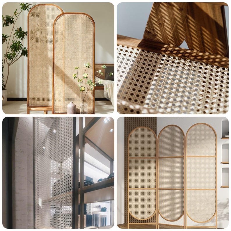 May include: A collection of woven rattan room dividers with arched tops and wooden frames. The natural beige color of the rattan contrasts with the brown wood. The dividers are shown in different settings, highlighting their versatility.
