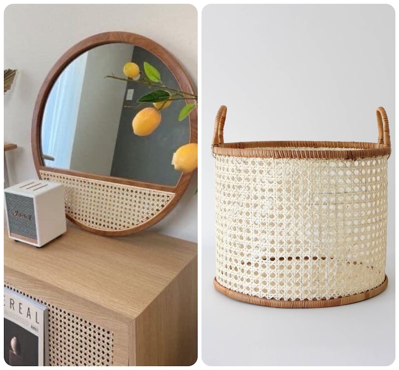 May include: A round wooden mirror with a woven cane shelf and a matching woven cane basket. The mirror has a wooden frame and a shelf made of woven cane. The basket has two handles and is made of woven cane.