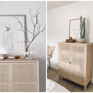 May include: A white wicker cabinet with two doors, a light wood top, and a cactus plant in a brown pot on top. The cabinet is in a room with white walls and a white rug.