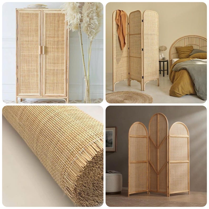 May include: A set of three woven rattan room dividers with arched tops. The dividers are made of natural rattan and have a light brown color. The dividers are standing on a light brown rug.