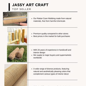 May include: Close-up of natural woven rattan cane webbing rolls. The product is made from natural materials and is free from harmful chemicals. The text "JASSY ART CRAFT" and "TOP SELLER" is visible in the image.