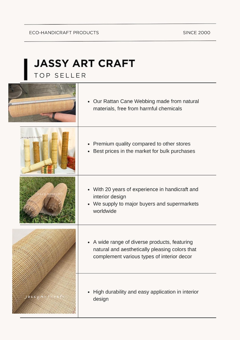 May include: Close-up of natural woven rattan cane webbing rolls. The product is made from natural materials and is free from harmful chemicals. The text "JASSY ART CRAFT" and "TOP SELLER" is visible in the image.