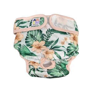 May include: A green and white tropical print dog diaper with a pink adjustable waistband. The diaper has a hole for the tail and the brand name "ARCM PETS" is printed on the waistband.