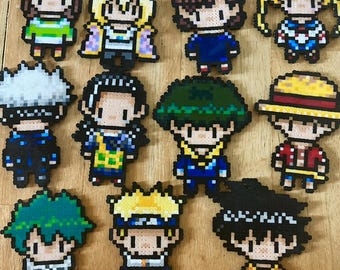 May include: A collection of 12 pixel art characters, each made with colorful beads. The characters include a girl with a green dress, a girl with a blue dress, a girl with a pink bow, a girl with a sailor uniform, a boy with a blue shirt, a boy with a green shirt, a boy with a blue shirt, a boy with a red shirt, a boy with a green shirt, a boy with an orange shirt, a boy with a blue shirt, and a boy with a yellow shirt.