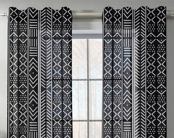 Black & White Mud Cloth Inspired Gauze Rod Curtain 28"x84" (Two Pieces)