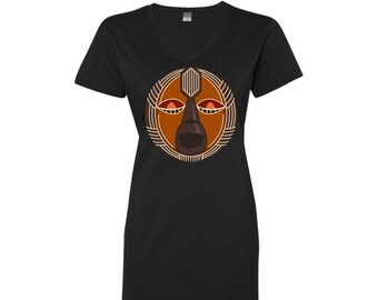 Geo Mask Ladies' V-Neck T-Shirt Dress | African Mask Dress |